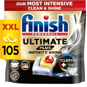 Tablettes lave-vaisselle Finish, Ultimate Plus Infinity Shine, 105 tablettes détergentes, éclat citronné, efficace contre la graisse - Product Image 4