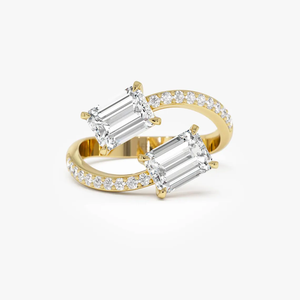 Anillo de Boda Moderno con Doble Piedra, Estilo Bypass, con Dos Diamantes Talla Esmeralda en Oro Amarillo de 18K, Anillo de Diamantes de Laboratorio - Product Image 1
