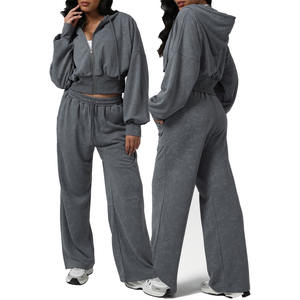 ملابس نسائية من قطعتين بدلة رياضية من القطن واسعة الأكمام بسحاب مع بنطال رياضي واسع الساق - Product Image 1