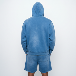 Custom Men s blue Acid Wash zip up Hoodie Shorts Tracksuit <b>Set</b> Graphic Streetwear Heavyweight OEM Private Label B2B Manufacture - Product Image 3