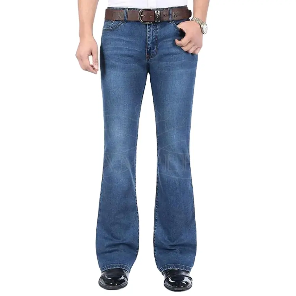 Tùy chỉnh thực hiện của nam giới chất lượng cao jeans quần thoáng khí giữa eo Pháo Sáng bán bùng chuông dưới quần tùy chỉnh kích thước jeans quần