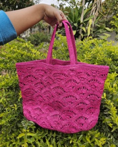 Fuchsia Pink Straw Bohemian Tote <b>Bag</b> With Hollow Out Pattern For <b>Beach</b> <b>Women</b> Casual Handbag Lightweight Open Top Two Handles - Product Image 1