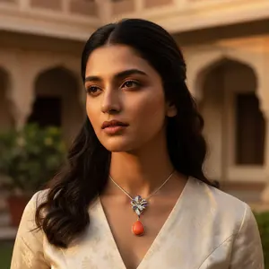 Colgante Artesanal de Plata con Tanzanita y Coral Naranja con Patrón de Cruz, Joyería Religiosa Fina para Mujer con Dije de Perla - Product Image 2