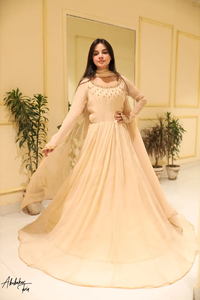 Robe Pakistan Flair Anarkali avec Dupatta Solid Ivory Long Indian & Pakistanais Vêtements - Product Image 2