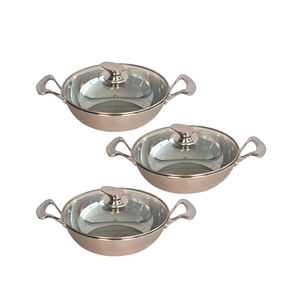 Juego de utensilios de cocina de embalaje personalizado de diseño Simple de buena calidad, utensilios de cocina de acero inoxidable, sartén Wok de tres capas con tapa de vidrio, 28 cm - Product Image 3