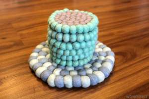 "Set of One 17 cm Felt Ball Trivet and Six 10 cm Felt Ball <b>Coaster</b>"-Handmade Natural Wool <b>Coaster</b> Set Soft Felt <b>Coaster</b> Set - Product Image 5