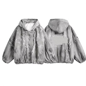 Sudadera con Capucha de Alta Calidad, 100% Algodón Jersey, Unisex, Invierno, Gris Lavado, Lisa, con Forro, Diseño de Parches, Cierre de Cremallera, Personalizable con Logotipo Bordado - Product Image 3