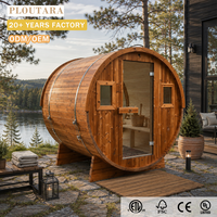 PLOUTARA Sauna Exterior Tipo Barril, Cabina de Madera con Puerta de Vidrio y Ventanas, Bandas de Acero Inoxidable, OEM para Villa, Jardín, Patio Trasero, Spa