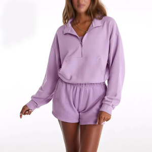 เสื้อฮู้ดออกกำลังกายผู้หญิงทรงโอเวอร์ไซส์ พร้อมเชือกปรับได้ แบบซิปครึ่งตัว สั่งทำได้ - Product Image 2