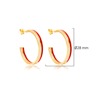 Pendientes de aro de piedra CZ transparente de esmalte rojo turco hecho a mano al por mayor joyería de plata esterlina 925 - Product Image 2