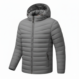 Chaqueta Acolchada con Capucha de Lona Premium para Hombre, Color Gris Ceniza, Frente Liso Teñido, Ligera, Aislante, Cortavientos, Transpirable, Estilo Urbano - Product Image 1