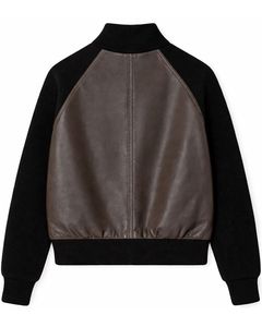 Chaqueta de Punto con Cremallera y Mangas de Cuero Sintético Marrón Oscuro y Negro para Hombre, Cuello Acanalado, Ropa de Abrigo Informal de Invierno, Abrigo de Moda - Product Image 4