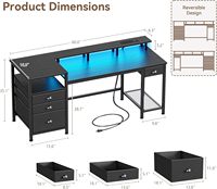 Escritorio de Computadora Negro OEM con 4 Cajones, Espacio para Impresora, Luces LED y Tomas de Corriente USB, con Archivador de Tela
