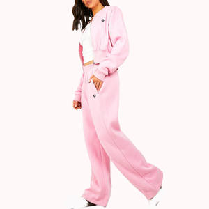 ชุดวอร์มซิปผู้หญิง กางเกงขายาวทรงกว้าง ผ้าฟลีซนุ่ม ชุดออกกำลังกายสองชิ้น สำหรับแบรนด์เสื้อผ้ากีฬาขายส่ง - Product Image 3