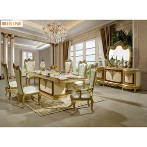 Hoàng Gia <span class=keywords><strong>Baroque</strong></span> Phong Cách Phòng Ăn Đồ Nội Thất Thiết Lập Ý Sinh Sản Vàng Sang Trọng Mở Rộng Hình Chữ Nhật Bảng Với 8 Ghế - Product Image 1