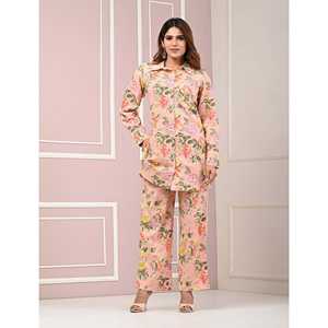 Conjunto de Verano para Mujer, de Algodón, Color Durazno y Azul, Estampado, Talla XS (XXS)-XS (XXS), Top con Botones Decorativos y Pantalones Cortos de 2 Piezas - Product Image 5