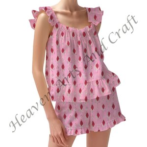 Conjunto de pijama de algodón con estampado de bloques a mano, pantalones cortos florales, manga con volantes, Primavera/Verano, conjunto de pijama con tiras y volantes - Product Image 6