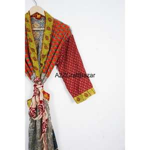 Women's Long Silk <b>Kimono</b> Robe V-Neck Drawstring Closure Three-Quarter Sleeves Patchwork Floral Design Full-Length All-Season - Product Image 3