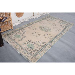 Alfombra vintage de 4.4x8.7 pies, alfombra turca, alfombra de lana beige con lunares azules - Product Image 4