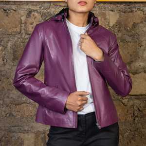 Femmes automne hiver haut tendance veste en cuir personnalisé solide col tournant avec doublure en Satin manches longues respirant uni teint - Product Image 5