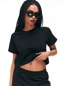 Women's Black Crop <b>Top</b> <b>Raglan</b> Sleeve Oversized Cropped T Shirt 100% Cotton French Terry Streetwear Y2K Fashion Tee Wholesale - Product Image 4