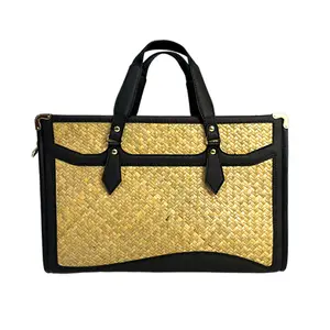 eco friendly laptop bag with black leather handle handbag luxury high quality unique design sturdy bag natural laptop handbag