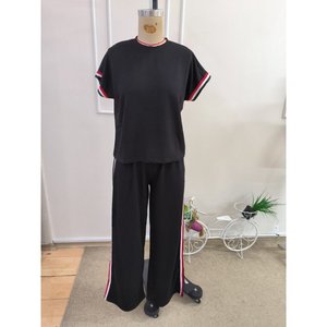Conjunto de Dos Piezas para Mujer, Blusa de Manga Corta con Cuello Redondo y Pantalones de Viscosa Acanalada de Dos Hilos, 36542 - Negro - Product Image 4