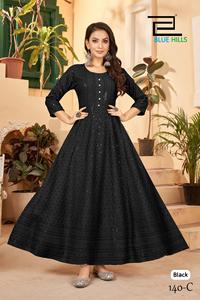Traditional Rayon Party Wear Chikankari Sequence Work Full Flair Anarkali Style <b>Kurti</b> for Women Wear by Export - Product Image 5