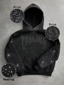 เสื้อฮู้ดดี้ผ้าฝ้าย 100% หนานุ่ม ระบายอากาศดี พิมพ์ลายดิจิทัล ปักเลื่อมสีดำ สไตล์สตรีทแวร์ สำหรับผู้ชาย แบบสั่งทำ - Product Image 4