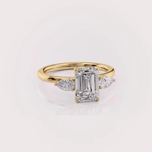 IGI Certified Emerald Cut Lab Grown Diamond Three Stone Engagement & Anniversary <b>Ring</b> 9K Yellow/White Rose Gold Pear Side Stone - Product Image 6