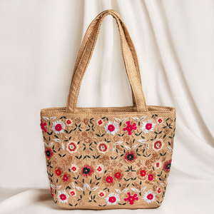 Sac fourre-tout en jute artisanal vibrant orné de broderie florale multi-fils bon marché et vente en gros-prix usine - Product Image 1