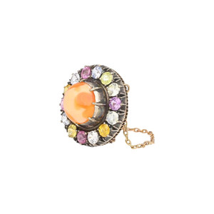 Pin de ópalo naranja natural con detalles de zafiro multicolor en oro y plata Pin de ópalo cabujón para mujer - Product Image 2