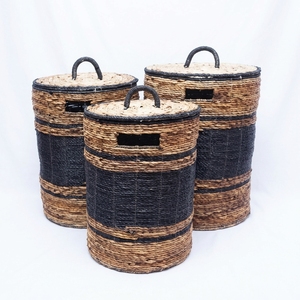 Natural Banana Bark Recycled <b>Plastic</b> <b>Basket</b> Set Black Stripe Laundry Hamper With Lid Clothes Bin Setup Pure Art Room Decor Craft - Product Image 1