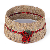 Collier de sapin de Noël en jonc de mer naturel, écologique, fait main, avec nœud rouge décoratif, pour base de sapin, style rustique campagnard