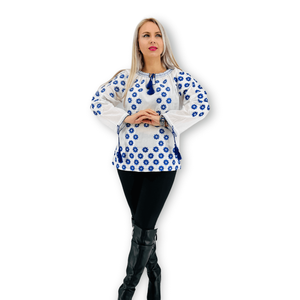 Blusa rumana con borla y cuello redondo de manga larga bordada con flores y estrellas - Product Image 3