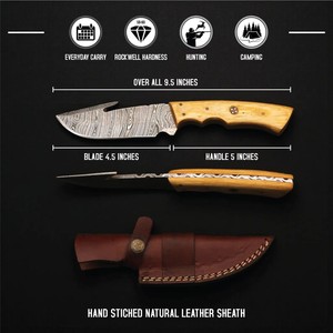 Cuchillo de Caza de Acero de Damasco con Hoja Fija y Gancho para Desollar, Grado Industrial, Mango de Madera, Cuchillos para Desollar, OEM, Camping, Aire Libre, Vertical - Product Image 2