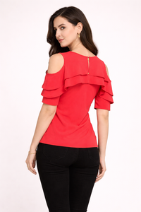 Camiseta Elegante de Diseño para Mujer, Marca Shoryam, Color Rosa, Hombros Descubiertos, con Volantes, Estilo Formal, Crepé, Secado Rápido |   Calidad de Exportación - Product Image 3