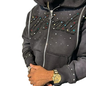 Men's Oversized Zipper-Up Fleece 100% Cotton <b>Streetwear</b> Hoodie Pocket Rhinestone Embellishments Washed Faded Black No Drawstring - Product Image 3