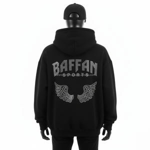 Premium 400 GSM Cotton <b>Fleece</b> <b>Men</b> Hoodie <b>Black</b> Rhinestone Logo Embellished Streetwear Custom Design basics Hoodie - Product Image 4