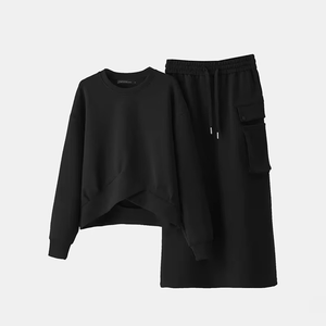 Ensembles 2 pièces pour femmes grandes tailles, mode printemps, col rond, poignets plissés, manches longues, ourlet noué, sweat-shirts, jupes midi, décontractés - Product Image 6