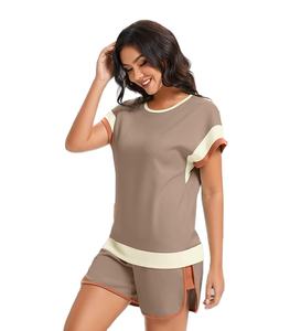 Women's 2 Piece Color Block Outfit <b>Set</b> <b>Short</b> Sleeve Pullover <b>Top</b> <b>and</b> <b>Shorts</b> Lounge Wear Tracksuit <b>Set</b> Custom Design OEM Pakistan - Product Image 1