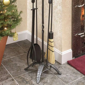 Ensemble d'outils de cheminée à poignée de feuille faite à la main en fer forgé pour outil de cheminée intérieur extérieur ensembles de cheminée de couleur argent et accessoires - Product Image 1