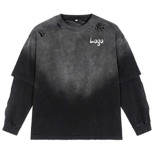 Camisetas de logotipo de diseño personalizado de alta calidad, camiseta de manga larga de doble capa con lavado ácido de piedra desgastada rasgada Vintage para hombres - Product Image 1