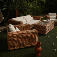 Luxueux ensemble de salon en rotin tissé fauteuils de canapé et table basse en verre
