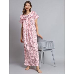 Chemise de nuit pour femme en coton 100% avec dentelle, manches courtes, longueur totale, tissu respirant, imprimé floral, été - Product Image 1