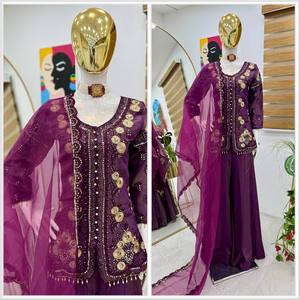 Designer Silk Party Wear <b>Top</b> Pallazo Dupatta Set New Indian & Pakistani Clothing - Product Image 5