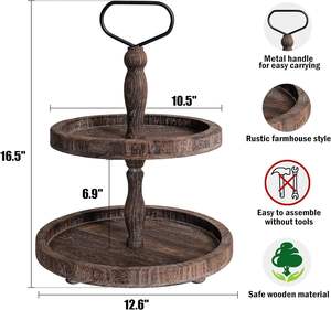 Plateau rustique en bois à 2 niveaux, décor de table de cuisine de ferme ronde plateau de service, nourriture Fruits Cupcake affichage café Bar maison - Product Image 6