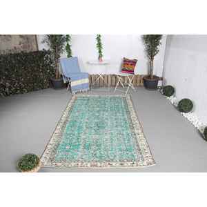 Alfombra Vintage de 4.4x7.5 pies, Alfombra Turca, Alfombra de Lana con Diseño Floral Azul - Product Image 1