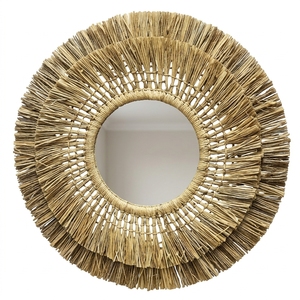 Miroir mural en macramé naturel Mendong, miroir rond suspendu à franges superposées, style soleil, décoration artistique pure pour la chambre, artisanat bohème pur - Product Image 1