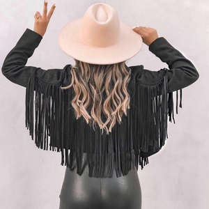 fashion <b>women</b> suede tassel lapel cropped coat suede <b>leather</b> short <b>jacket</b> stylish trendy outerwear casual chic design - Product Image 3